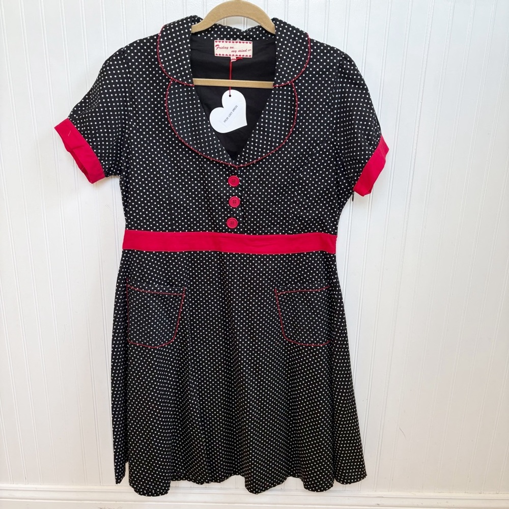 Friday On My Mind Black & White Polka Dot Red Trim Lucy Dress Plus Size XXL NEW